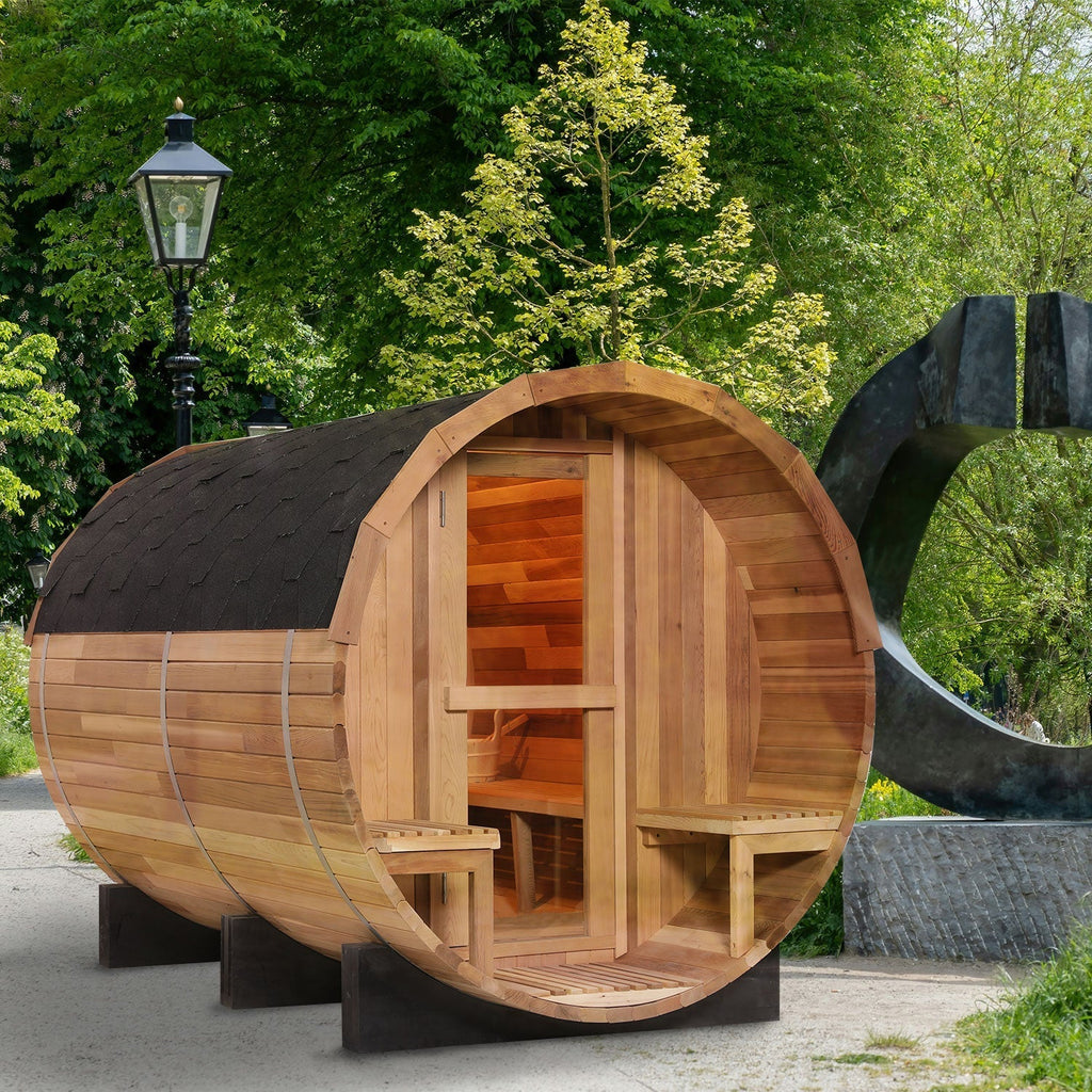 Anyi 6 Person Outdoor Traditional Barrel Sauna with Front Porch