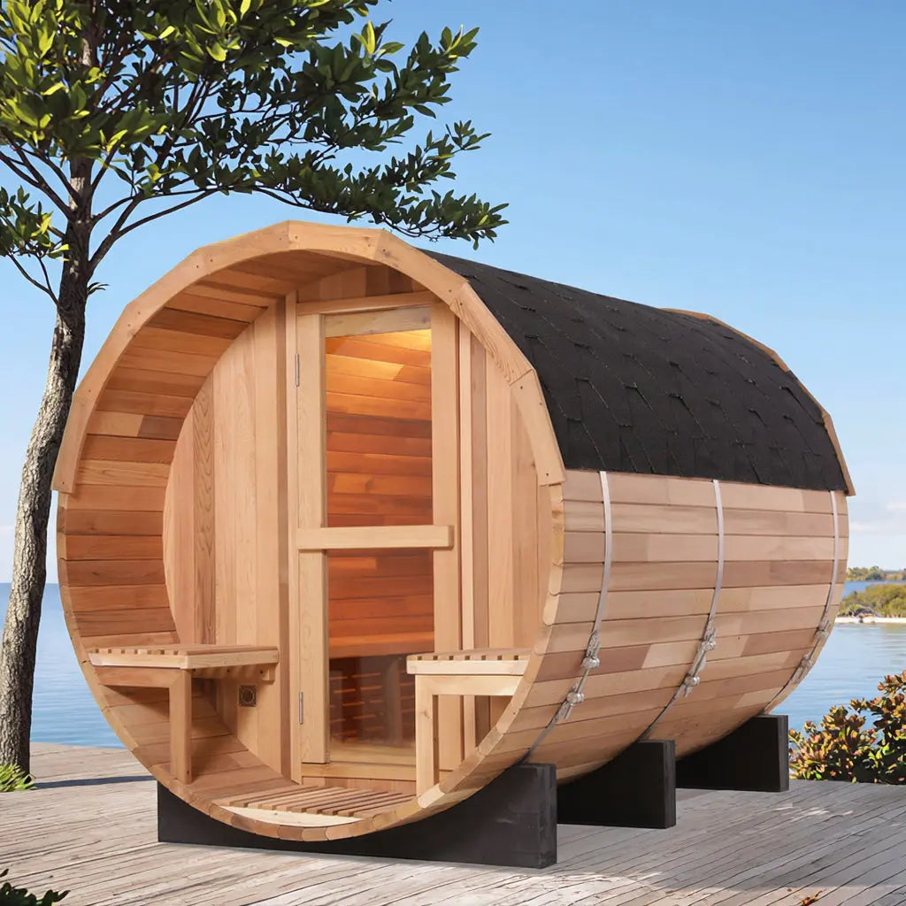 Anyi 6 Person Outdoor Traditional Barrel Sauna with Front Porch