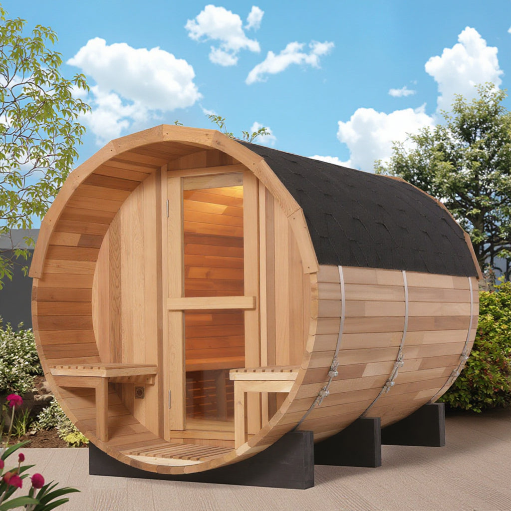Anyi 6 Person Outdoor Traditional Barrel Sauna with Front Porch