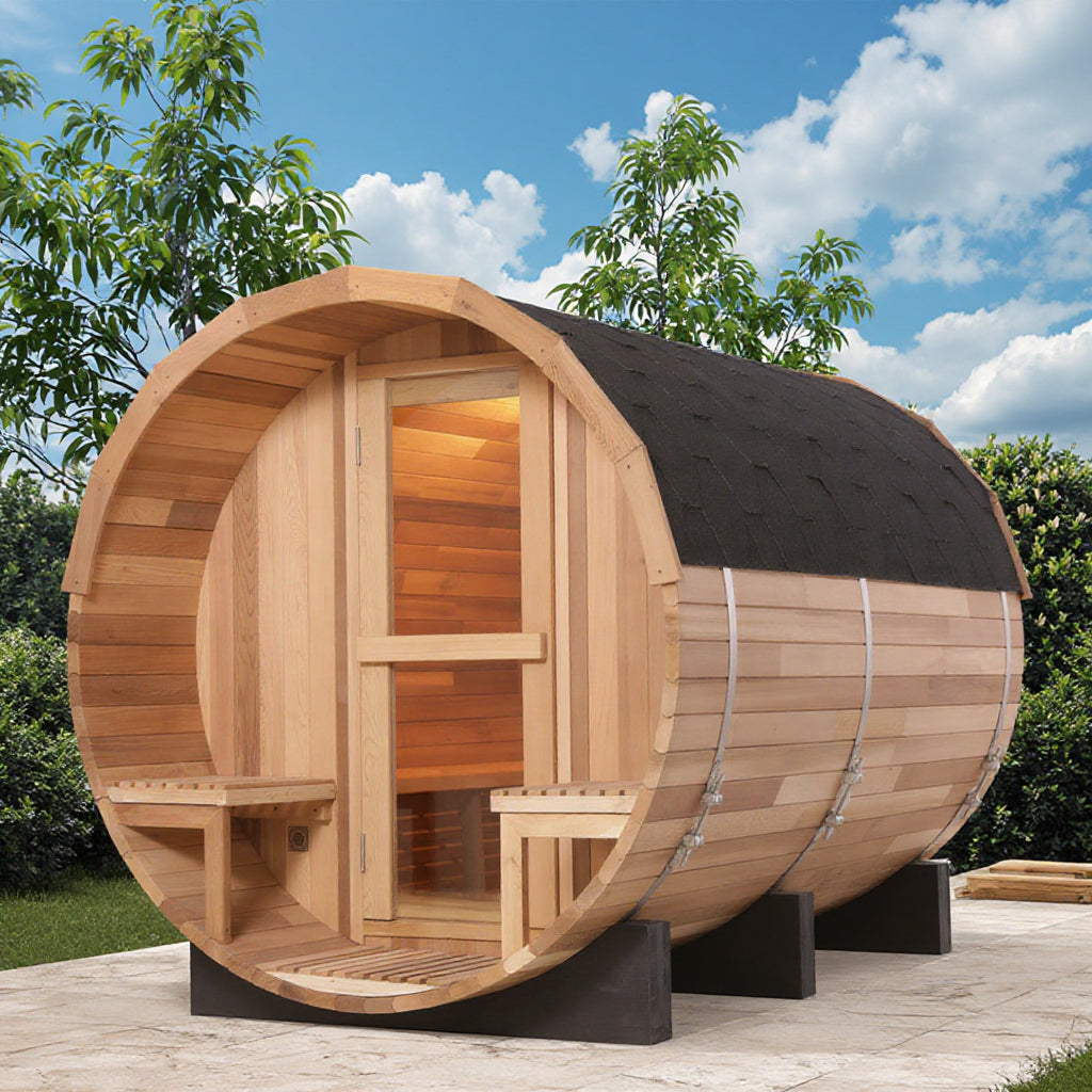 Anyi 6 Person Outdoor Traditional Barrel Sauna with Front Porch