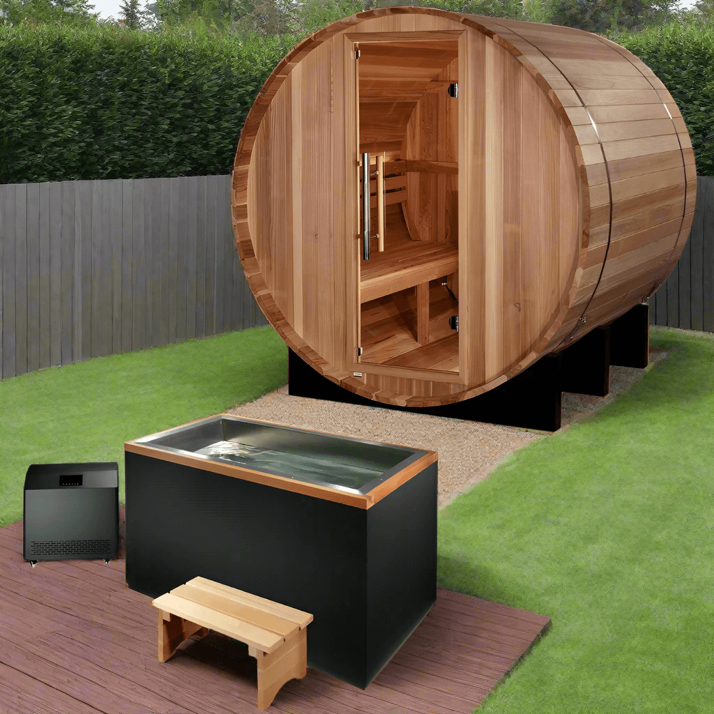 Golden Designs St. Moritz 2-4 Person Outdoor Barrel Sauna & Harvia Traditional Electric Heater Kit | GDI-B002-01
