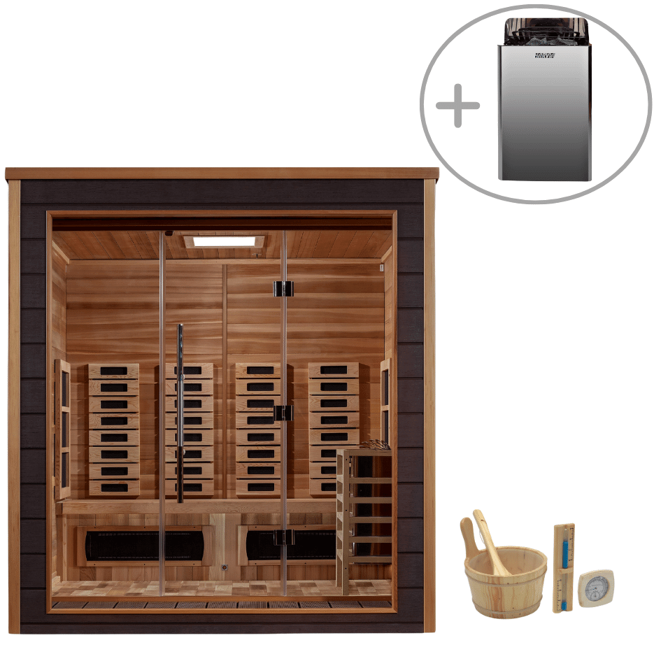 Golden Designs Visby 3-Person Hybrid Outdoor Sauna w/ Full Spectrum Infrared & Harvia Traditional Electric Heater + Red Light Therapy Kit | GDI-8223-01