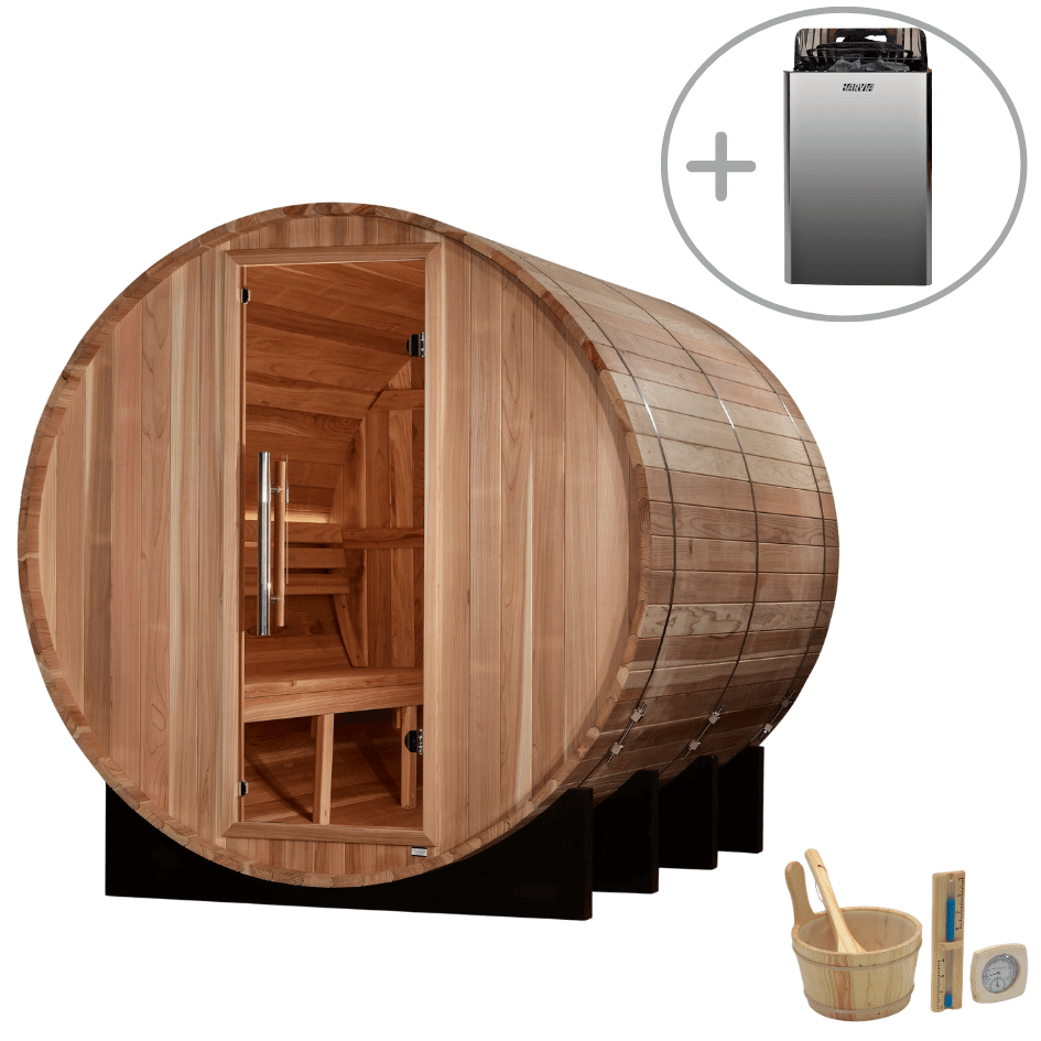 Golden Designs Klosters 6-Person Outdoor Barrel Sauna & Harvia Traditional Electric Heater Kit | GDI-B006-01