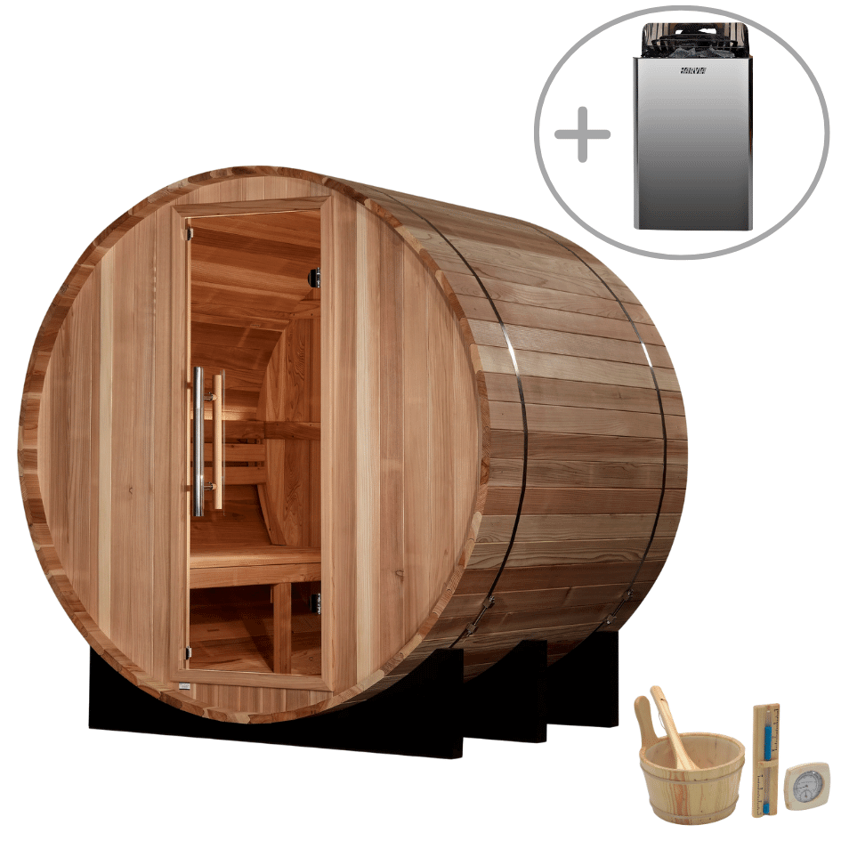 Golden Designs St. Moritz 2-4 Person Outdoor Barrel Sauna & Harvia Traditional Electric Heater Kit | GDI-B002-01