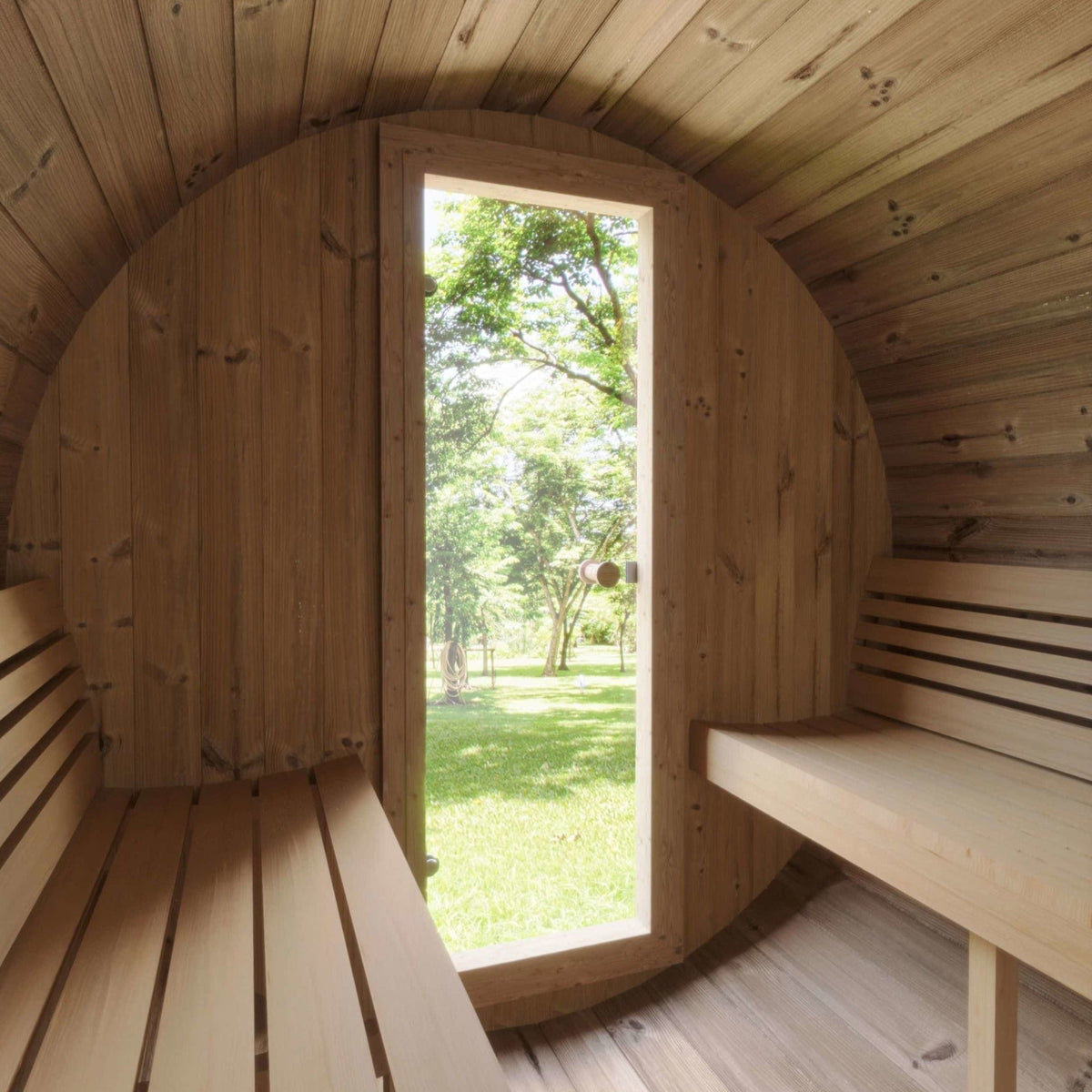 SaunaLife 6 Person 7' Long Outdoor Traditional Barrel Sauna w/ Rear Window | Ergo Model E8W