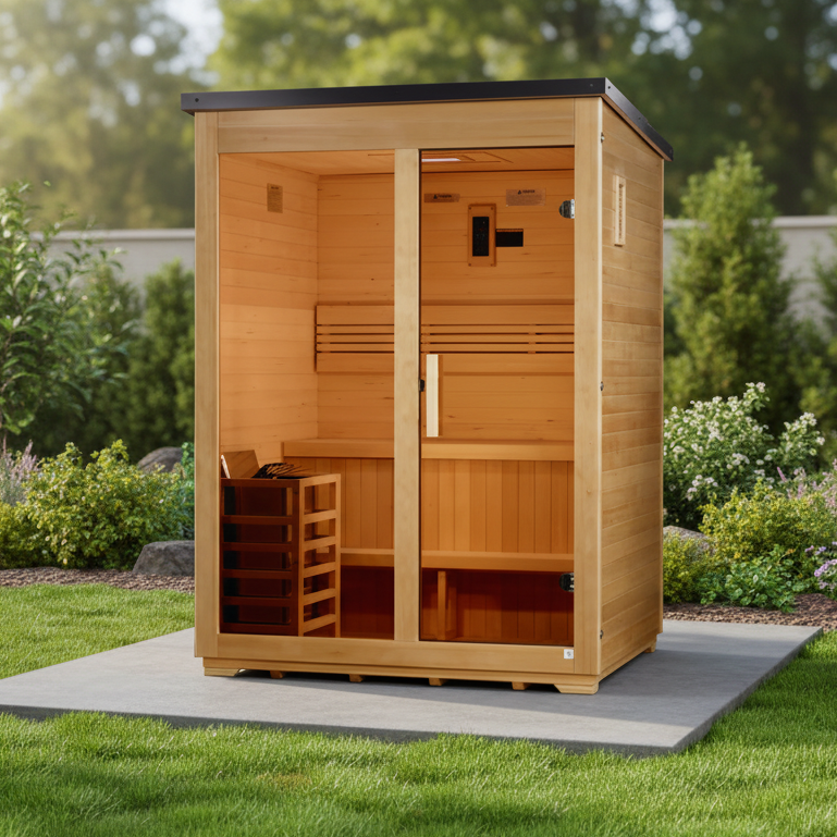 Golden Designs Arlberg 3-Person Outdoor Sauna & Harvia Traditional Electric Heater Kit + Red Light Therapy | Flat Roof GDI-8003-01
