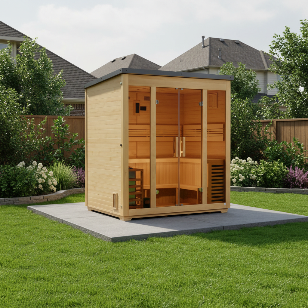 Golden Designs Vorarlberg 5-Person Outdoor Sauna & Harvia Traditional Electric Heater Kit + Red Light Therapy | Flat Roof GDI-8005-01