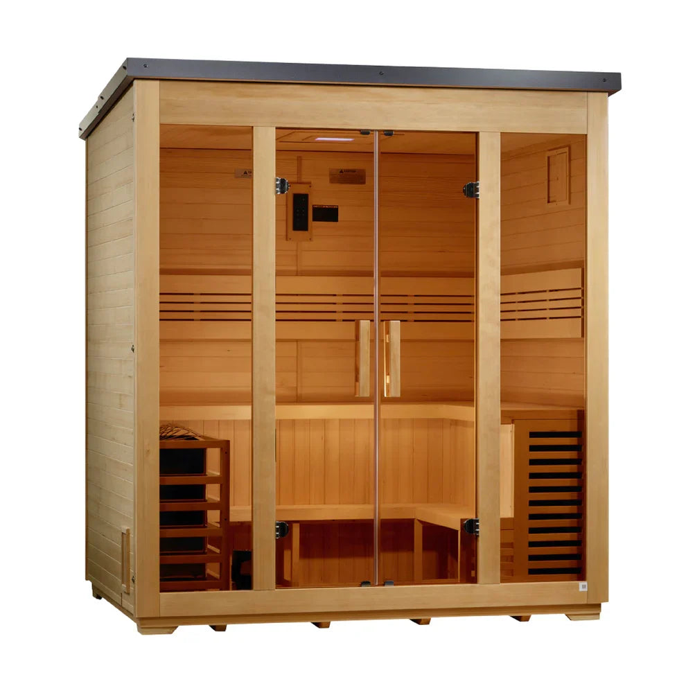 Golden Designs Vorarlberg 5-Person Outdoor Sauna & Harvia Traditional Electric Heater Kit + Red Light Therapy | Flat Roof GDI-8005-01