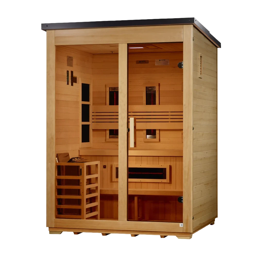 Golden Designs Carinthia 3-Person Hybrid Outdoor Sauna w/ Full Spectrum Indoor Infrared & Harvia Traditional Electric Heater Kit + Red Light Therapy | Flat Roof GDI-8023-01