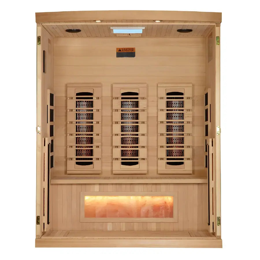 Golden Designs 3-Person Full Spectrum Near Zero EMF Indoor Infrared Sauna + Red Light Therapy & Himalayan Salt Bar | GDI-8030-03