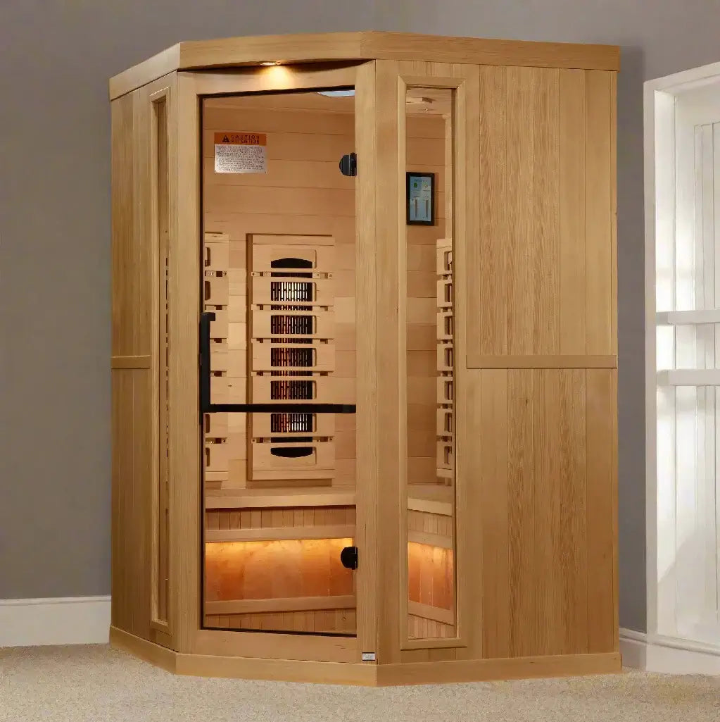 Golden Designs 3-Person Corner Full Spectrum Near Zero EMF Indoor Infrared Sauna + Red Light Therapy & Himalayan Salt Bar | GDI-8035-03