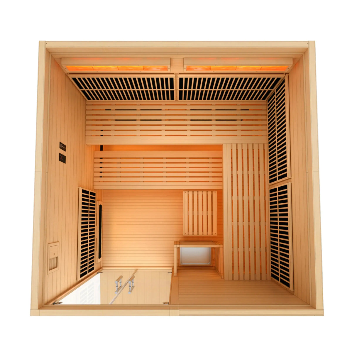 Golden Designs Toledo 6-Person Hybrid Indoor Sauna w/ Full Spectrum Infrared & Harvia Traditional Electric Heater + Red Light Therapy Kit | GDI-8360-01