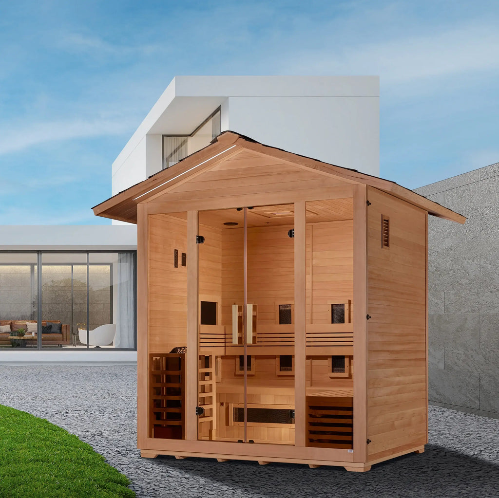 Golden Designs Gargellen 5-Person Hybrid Outdoor Sauna w/ Full Spectrum Infrared & Harvia Traditional Electric Heater Kit + Red Light Therapy | GDI‐8125‐01