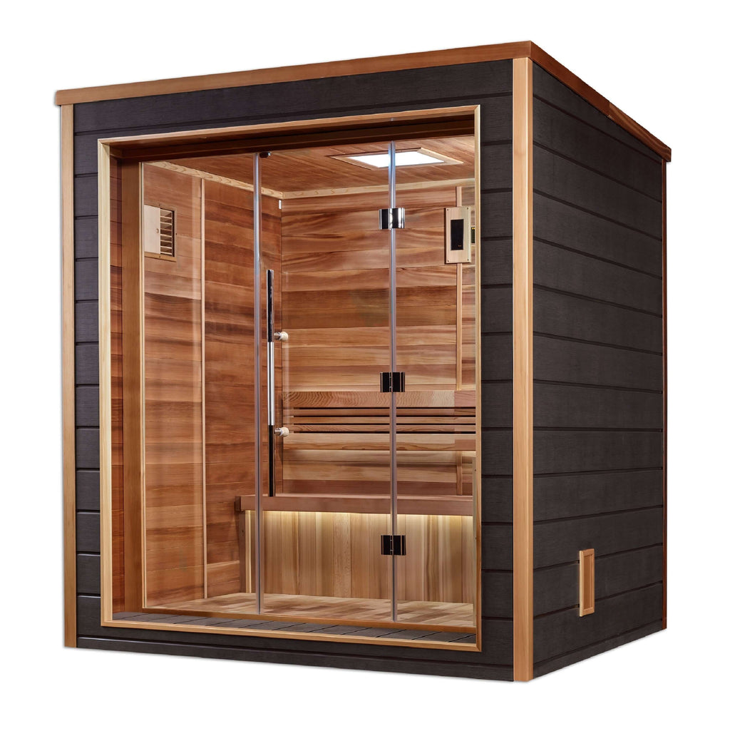 Golden Designs Drammen 3-Person Cedar Outdoor Sauna & Harvia Traditional Electric Heater Kit + Red Light Therapy | GDI-8203-01