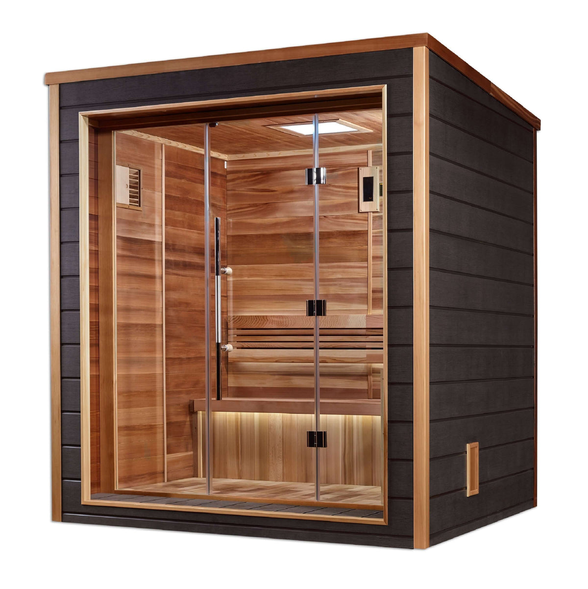 Golden Designs Drammen 3-Person Cedar Outdoor Sauna & Harvia Traditional Electric Heater Kit + Red Light Therapy | GDI-8203-01