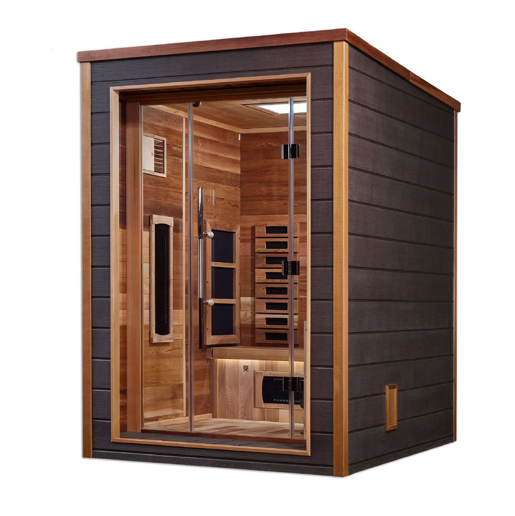 Golden Designs Nora 2-Person Hybrid Outdoor Sauna w/ Full Spectrum Infrared & Harvia Traditional Electric Heater + Red Light Therapy Kit | GDI-8222-01