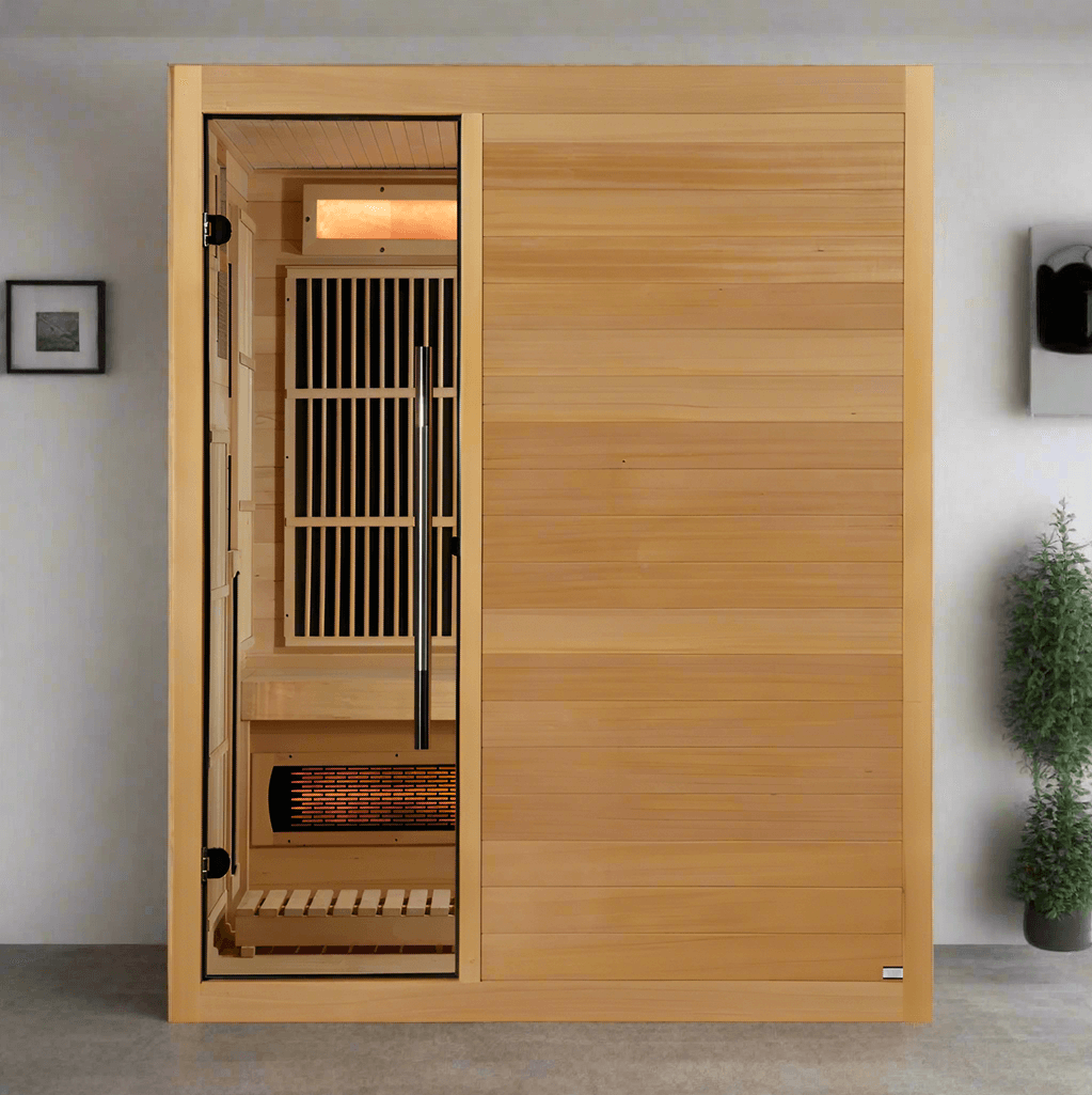 Golden Designs Soria 3-Person Hybrid Indoor Sauna w/ Full Spectrum Infrared & Harvia Traditional Electric Heater + Red Light Therapy Kit | GDI-8330-01