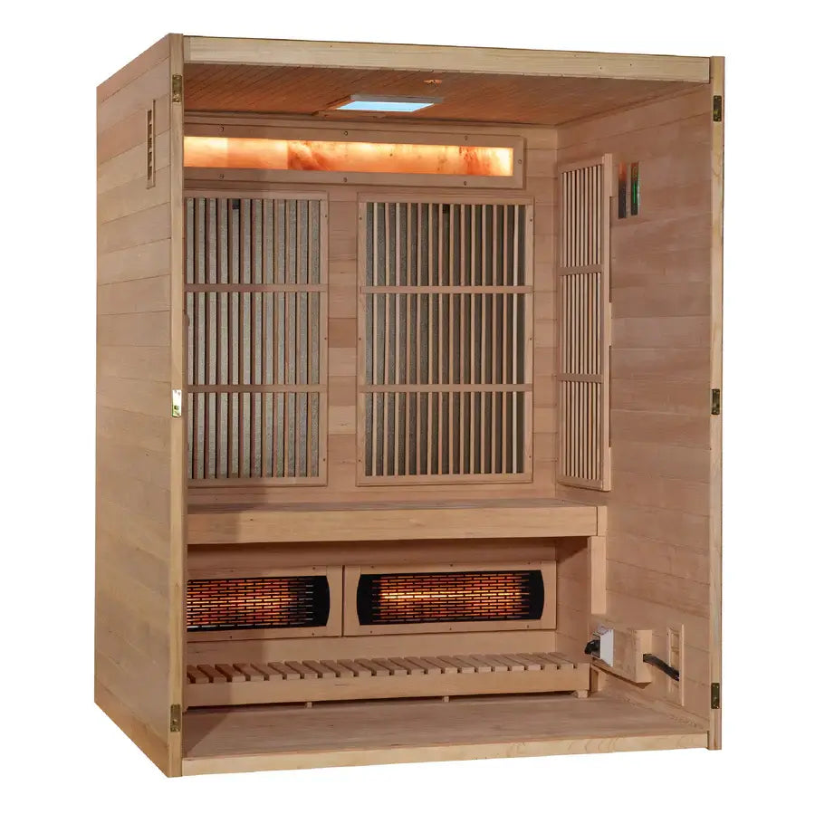 Golden Designs Soria 3-Person Hybrid Indoor Sauna w/ Full Spectrum Infrared & Harvia Traditional Electric Heater + Red Light Therapy Kit | GDI-8330-01