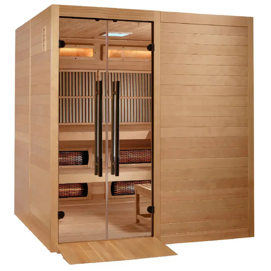 Golden Designs Toledo 6-Person Hybrid Indoor Sauna w/ Full Spectrum Infrared & Harvia Traditional Electric Heater + Red Light Therapy Kit | GDI-8360-01