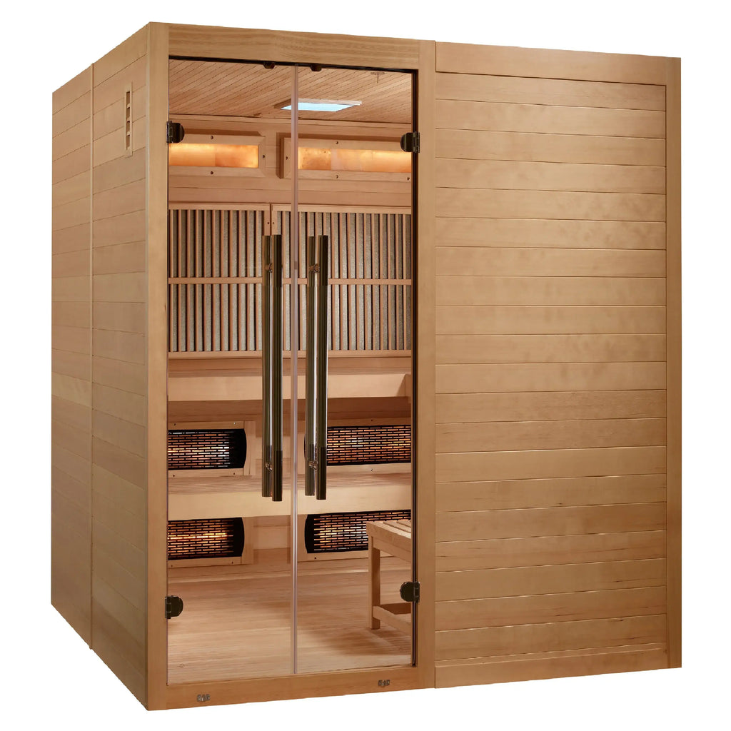 Golden Designs Toledo 6-Person Hybrid Indoor Sauna w/ Full Spectrum Infrared & Harvia Traditional Electric Heater + Red Light Therapy Kit | GDI-8360-01