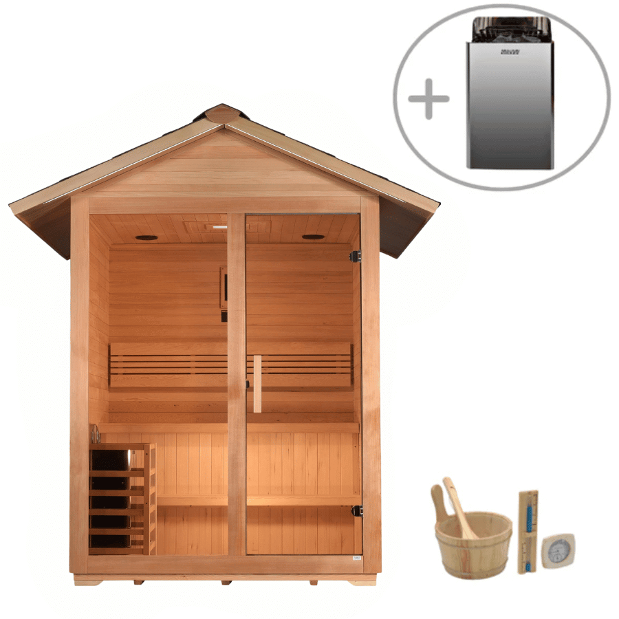 Golden Designs Arlberg 3-Person Outdoor Sauna & Harvia Traditional Electric Heater Kit + Red Light Therapy | GDI-8103-01