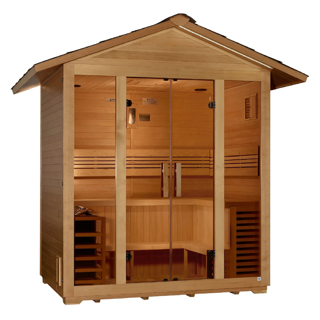 Golden Designs Vorarlberg 5-Person Outdoor Sauna & Harvia Traditional Electric Heater Kit + Red Light Therapy | GDI-8105-01