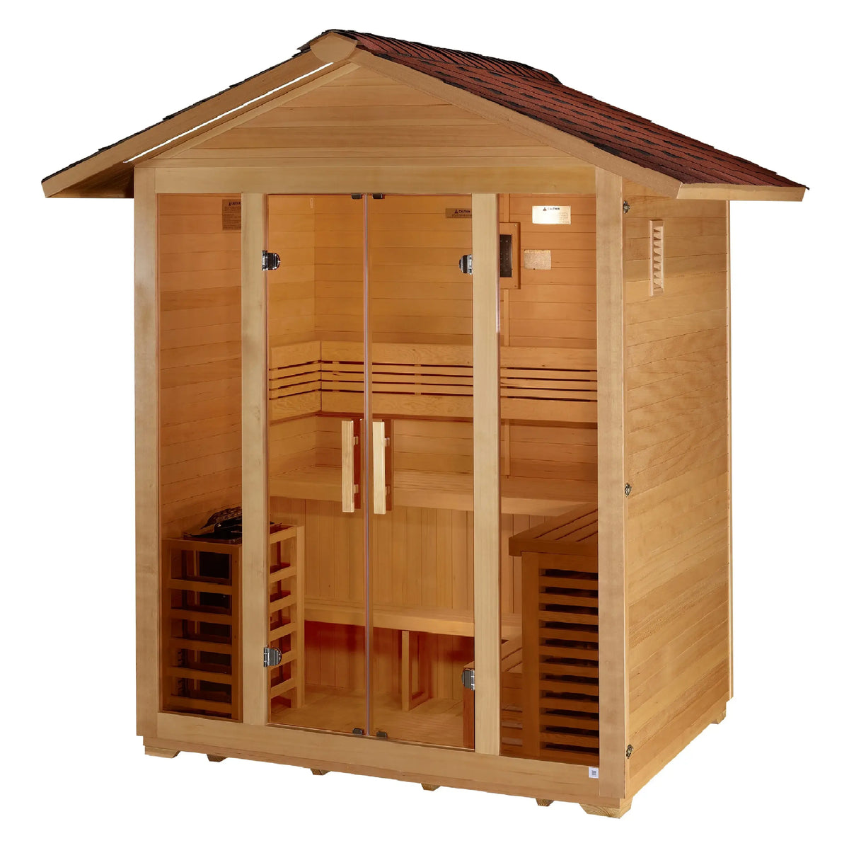 Golden Designs Vorarlberg 5-Person Outdoor Sauna & Harvia Traditional Electric Heater Kit + Red Light Therapy | GDI-8105-01