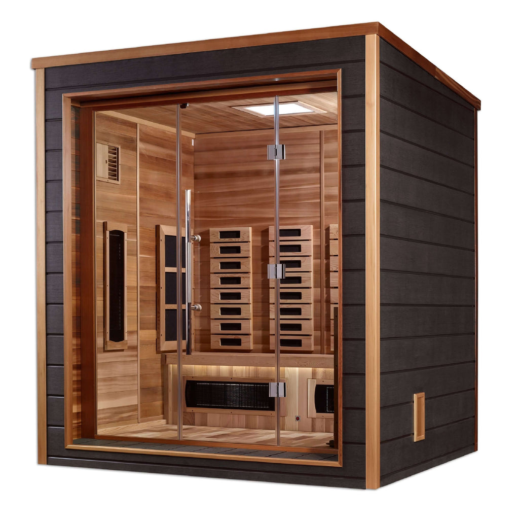 Golden Designs Visby 3-Person Hybrid Outdoor Sauna w/ Full Spectrum Infrared & Harvia Traditional Electric Heater + Red Light Therapy Kit | GDI-8223-01