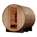 Golden Designs Zurich 4-Person Outdoor Barrel Sauna w/ Panoramic Rear Window & Harvia Traditional Electric Heater Kit | GDI-B024-01