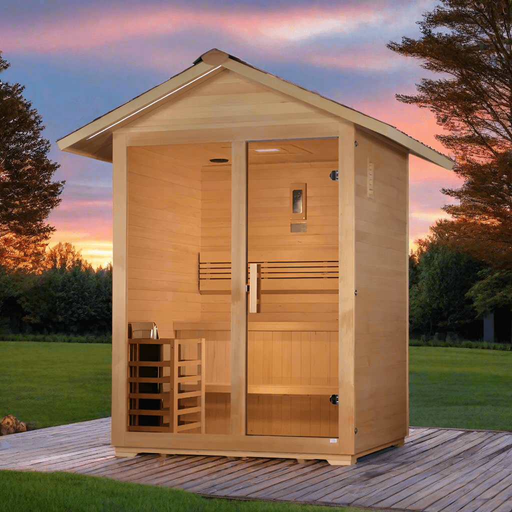 Golden Designs Arlberg 3-Person Outdoor Sauna & Harvia Traditional Electric Heater Kit + Red Light Therapy | GDI-8103-01