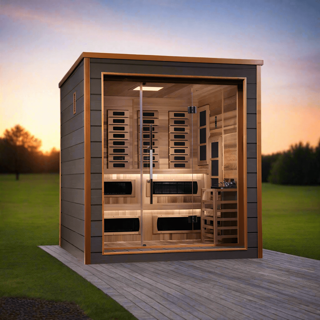 Golden Designs Karlstad 6-Person Hybrid Outdoor Sauna w/ Full Spectrum Infrared & Harvia Traditional Electric Heater + Red Light Therapy Kit | GDI-8226-01