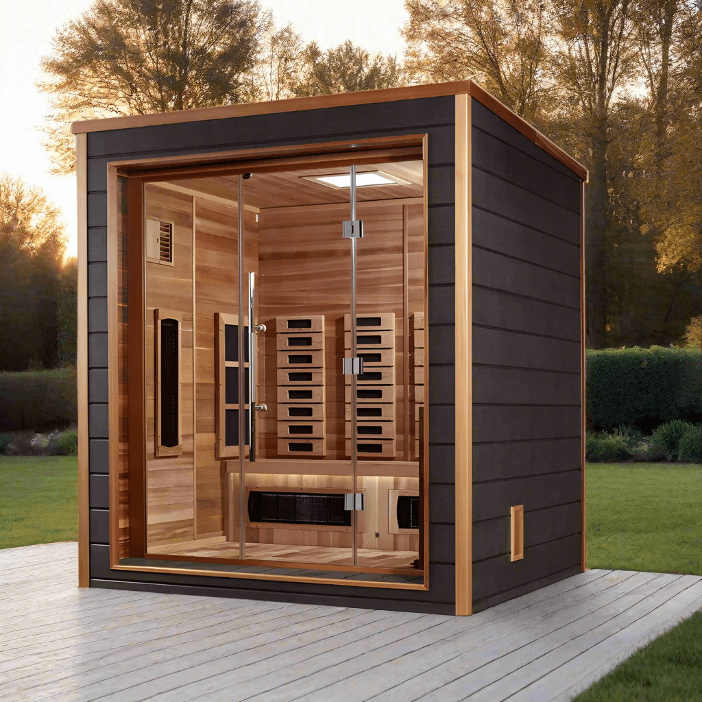 Golden Designs Visby 3-Person Hybrid Outdoor Sauna w/ Full Spectrum Infrared & Harvia Traditional Electric Heater + Red Light Therapy Kit | GDI-8223-01