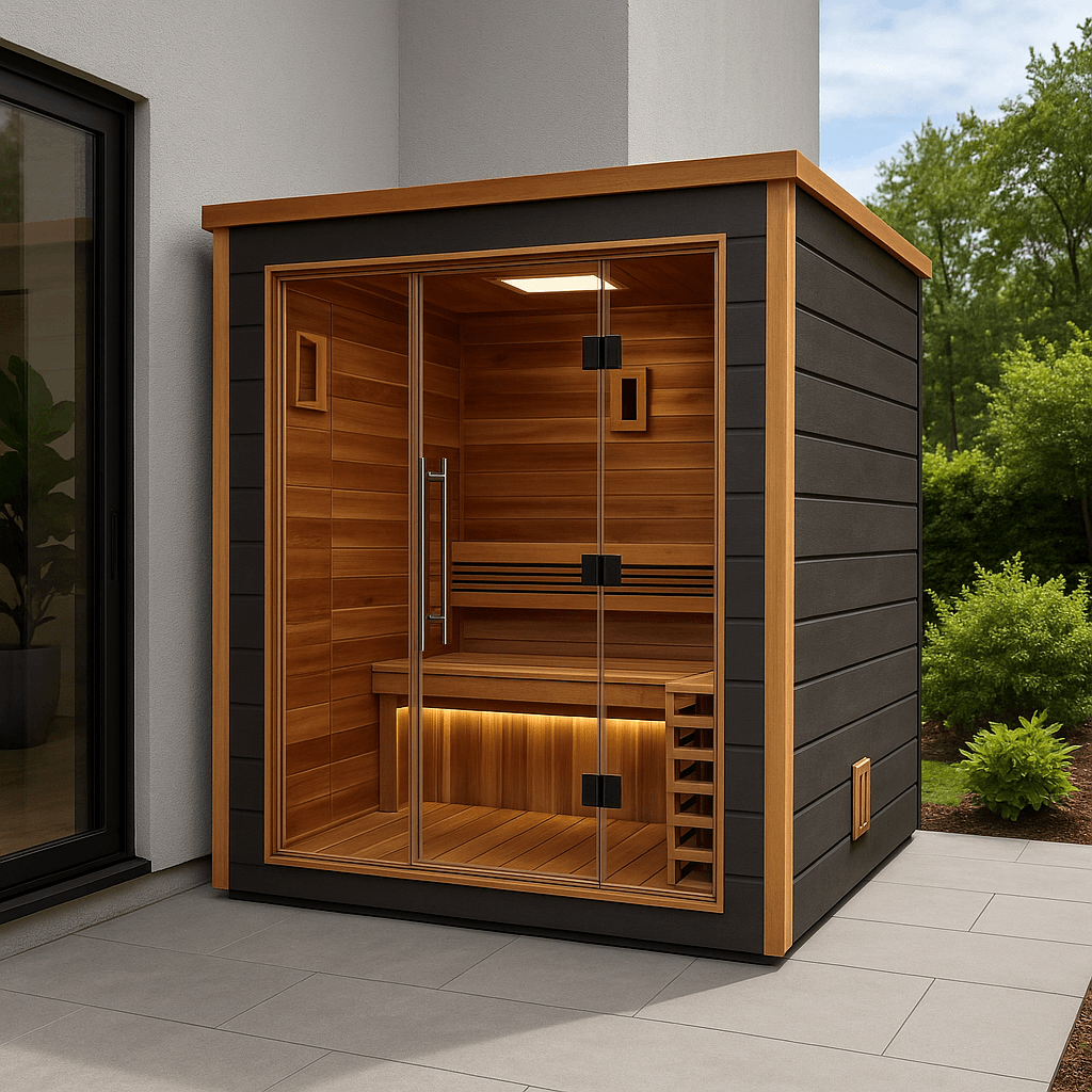 Golden Designs Drammen 3-Person Cedar Outdoor Sauna & Harvia Traditional Electric Heater Kit + Red Light Therapy | GDI-8203-01