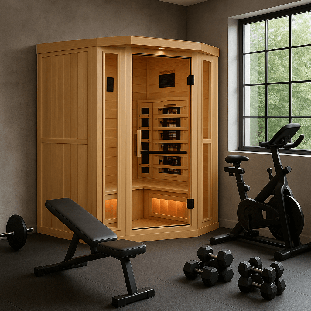 Golden Designs 3-Person Corner Full Spectrum Near Zero EMF Indoor Infrared Sauna + Red Light Therapy & Himalayan Salt Bar | GDI-8035-03