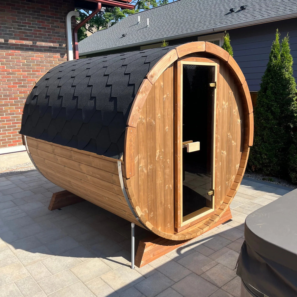 SaunaLife 4 Person 6' Long Outdoor Traditional Barrel Sauna | Ergo Model E7
