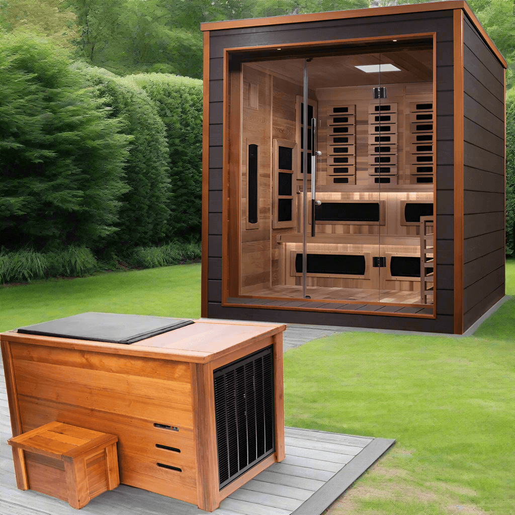 Golden Designs Karlstad 6-Person Hybrid Outdoor Sauna w/ Full Spectrum Infrared & Harvia Traditional Electric Heater + Red Light Therapy Kit | GDI-8226-01