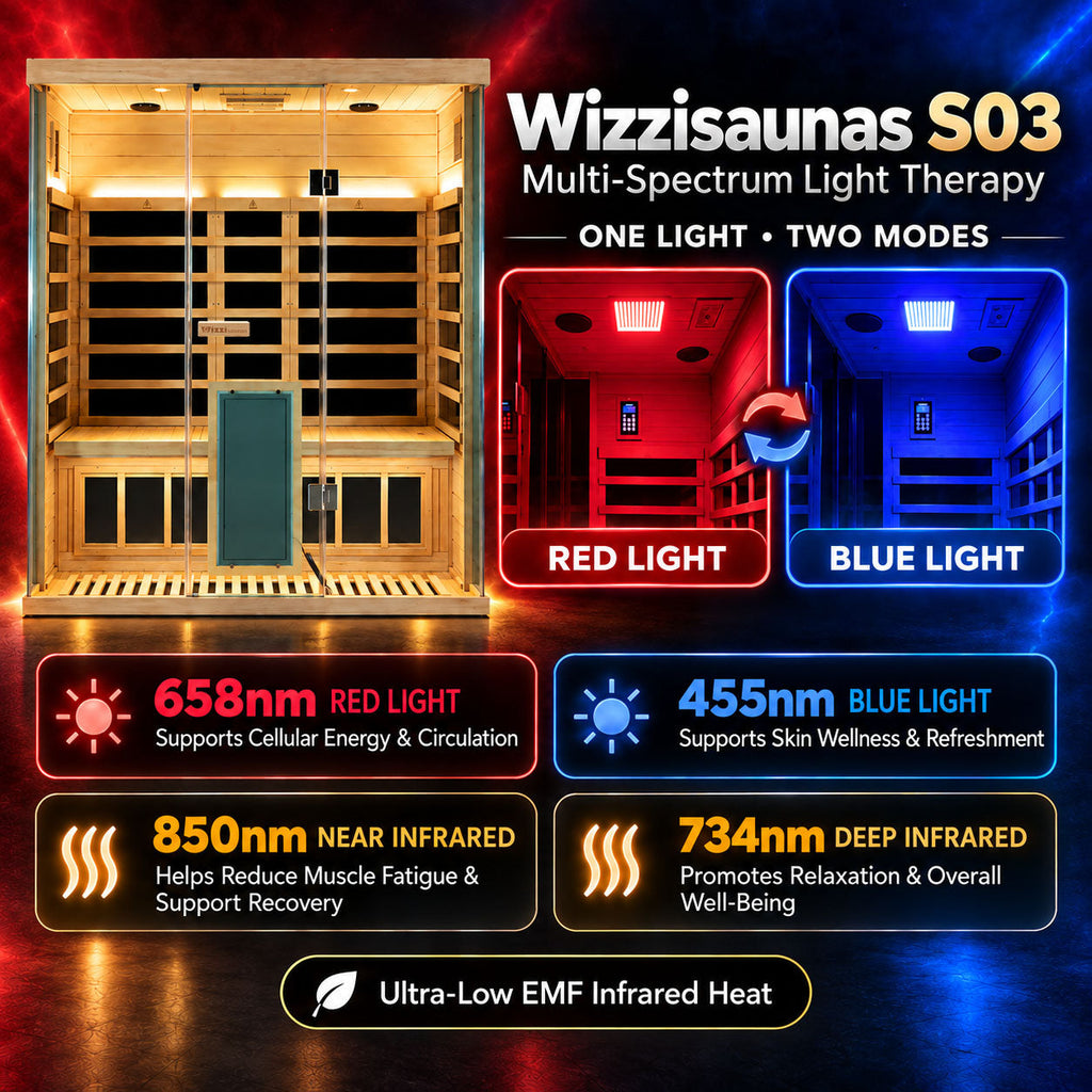 Wizzisaunas S03 3-Person Full Spectrum Near Zero EMF Indoor Infrared Sauna + Medical-Grade Red Light Therapy