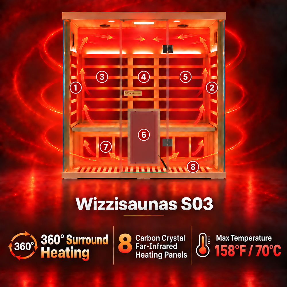Wizzisaunas S03 3-Person Full Spectrum Near Zero EMF Indoor Infrared Sauna + Medical-Grade Red Light Therapy