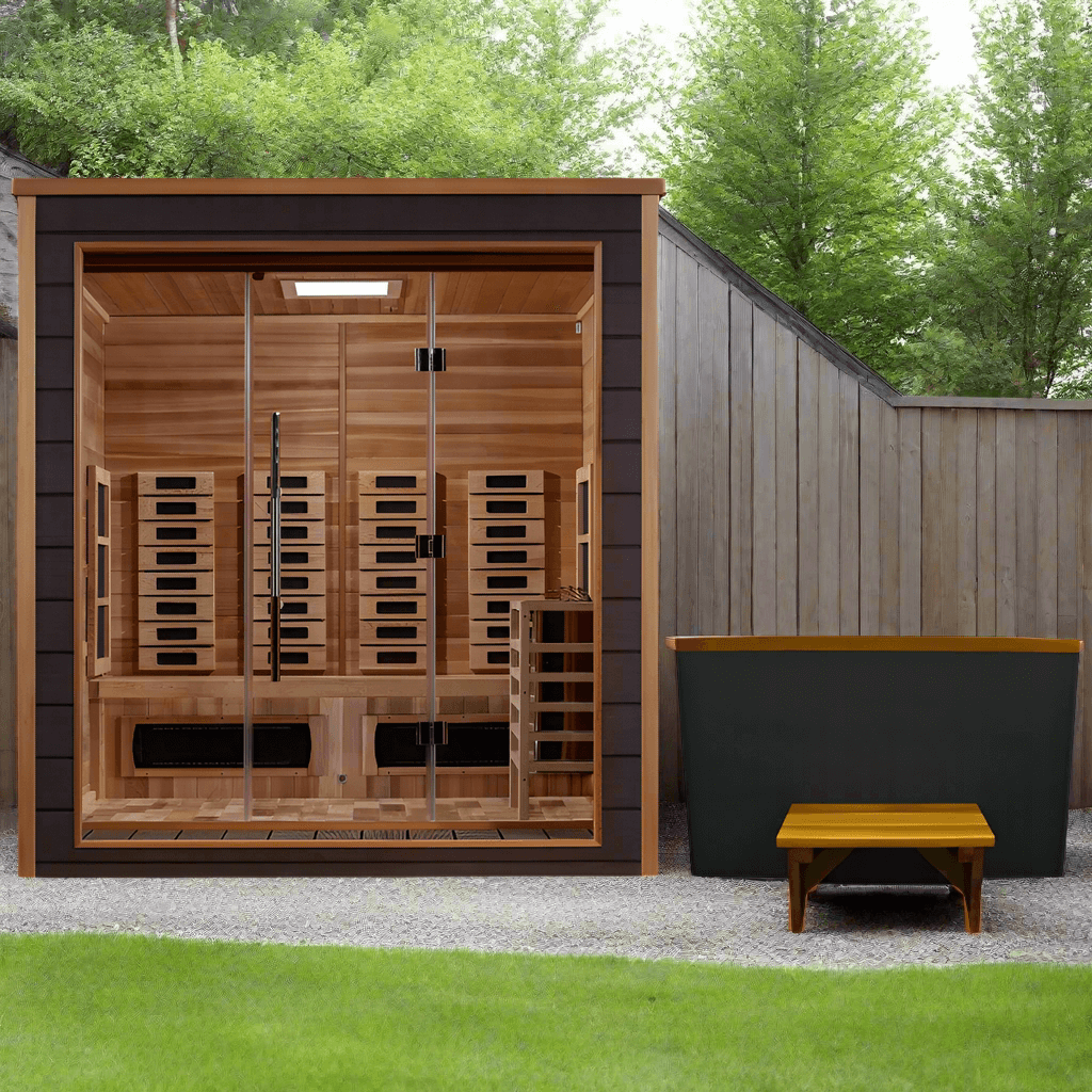 Golden Designs Visby 3-Person Hybrid Outdoor Sauna w/ Full Spectrum Infrared & Harvia Traditional Electric Heater + Red Light Therapy Kit | GDI-8223-01