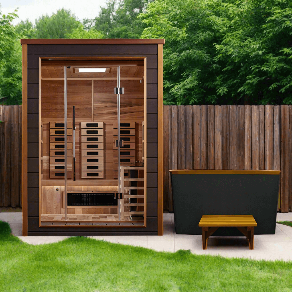 Golden Designs Nora 2-Person Hybrid Outdoor Sauna w/ Full Spectrum Infrared & Harvia Traditional Electric Heater + Red Light Therapy Kit | GDI-8222-01