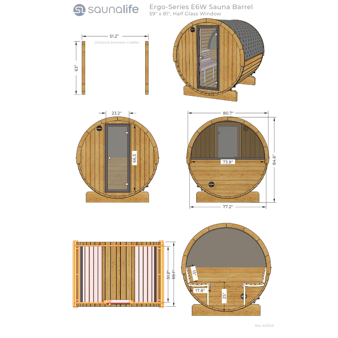 SaunaLife 2-3 Person 5' Long Outdoor Traditional Barrel Sauna  | Ergo Model E6