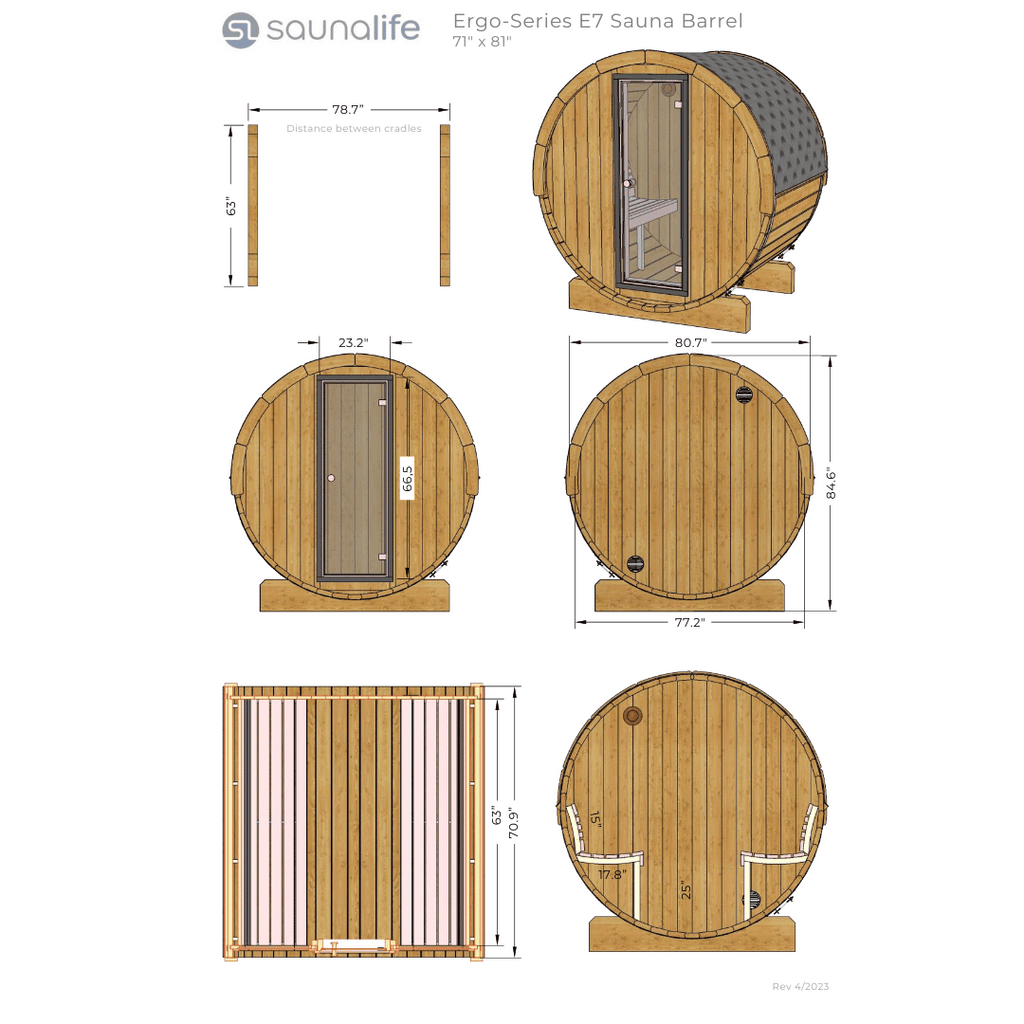 SaunaLife 4 Person 6' Long Outdoor Traditional Barrel Sauna | Ergo Model E7