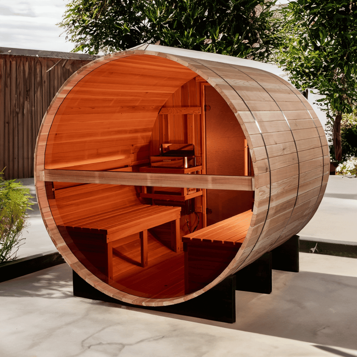 Golden Designs Zurich 4-Person Outdoor Barrel Sauna w/ Panoramic Rear Window & Harvia Traditional Electric Heater Kit | GDI-B024-01