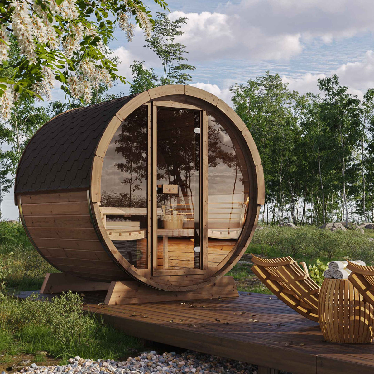 SaunaLife 4 Person 6' Long Outdoor Traditional Barrel Sauna w/ Glass Front | Ergo Model E7G