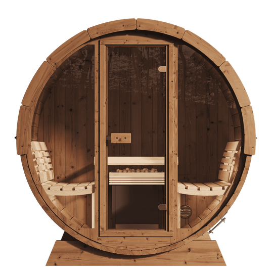 SaunaLife 4 Person 6' Long Outdoor Traditional Barrel Sauna w/ Glass Front | Ergo Model E7G