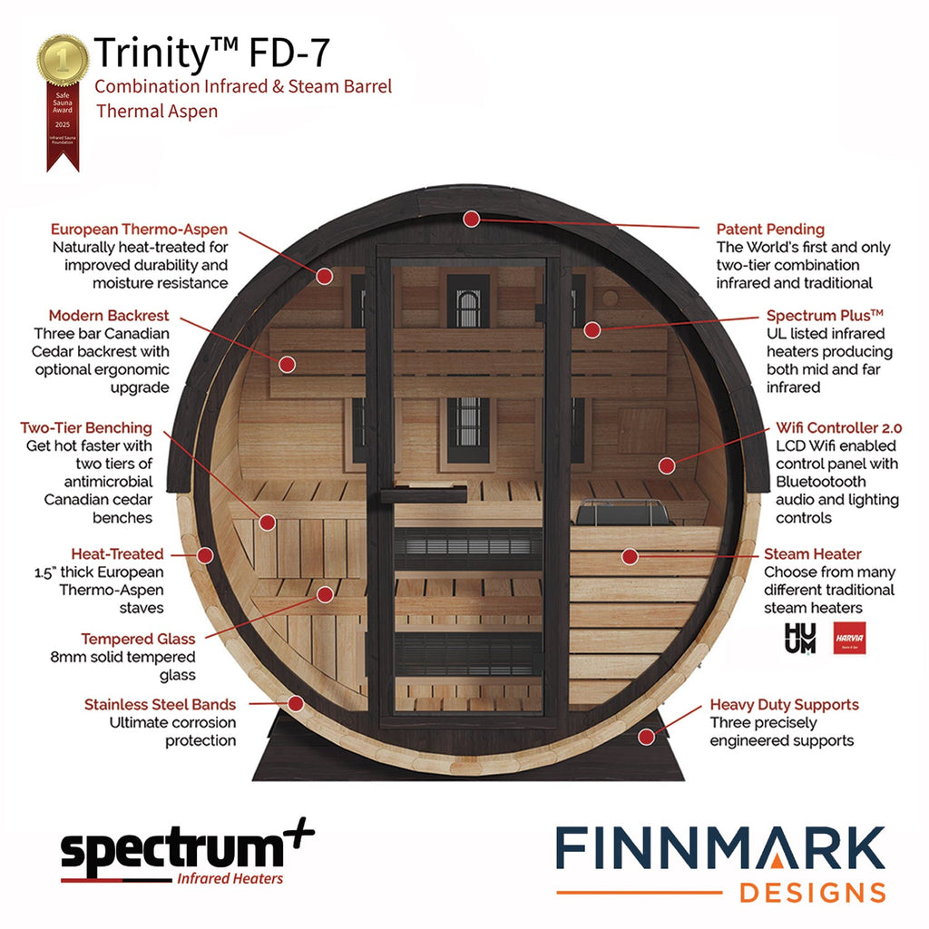 Finnmark 4-Person Hybrid Outdoor Infrared & Traditional Thermo-Aspen Barrel Sauna | FD-7