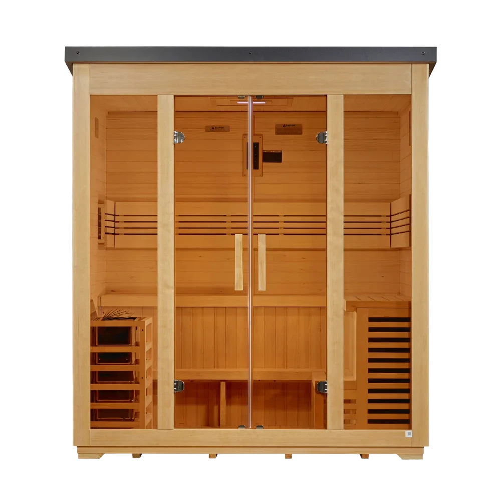 Golden Designs Vorarlberg 5-Person Outdoor Sauna & Harvia Traditional Electric Heater Kit + Red Light Therapy | Flat Roof GDI-8005-01