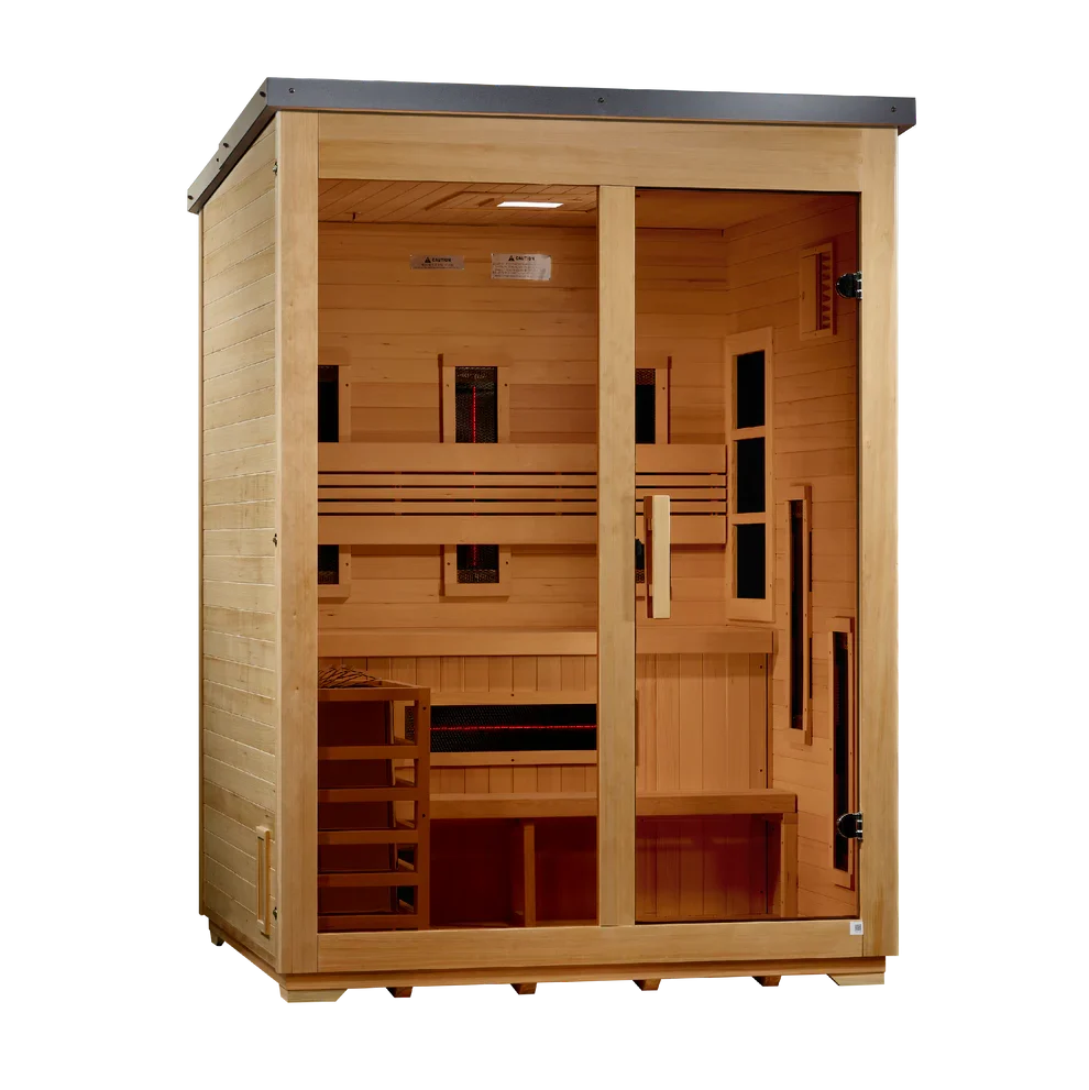 Golden Designs Carinthia 3-Person Hybrid Outdoor Sauna w/ Full Spectrum Indoor Infrared & Harvia Traditional Electric Heater Kit + Red Light Therapy | Flat Roof GDI-8023-01