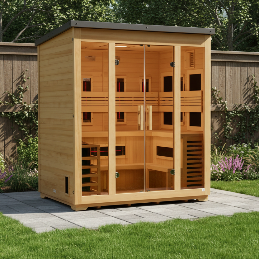Golden Designs Gargellen 5-Person Hybrid Outdoor Sauna w/ Full Spectrum Infrared & Harvia Traditional Electric Heater Kit + Red Light Therapy | Flat Roof GDI‐8105‐01