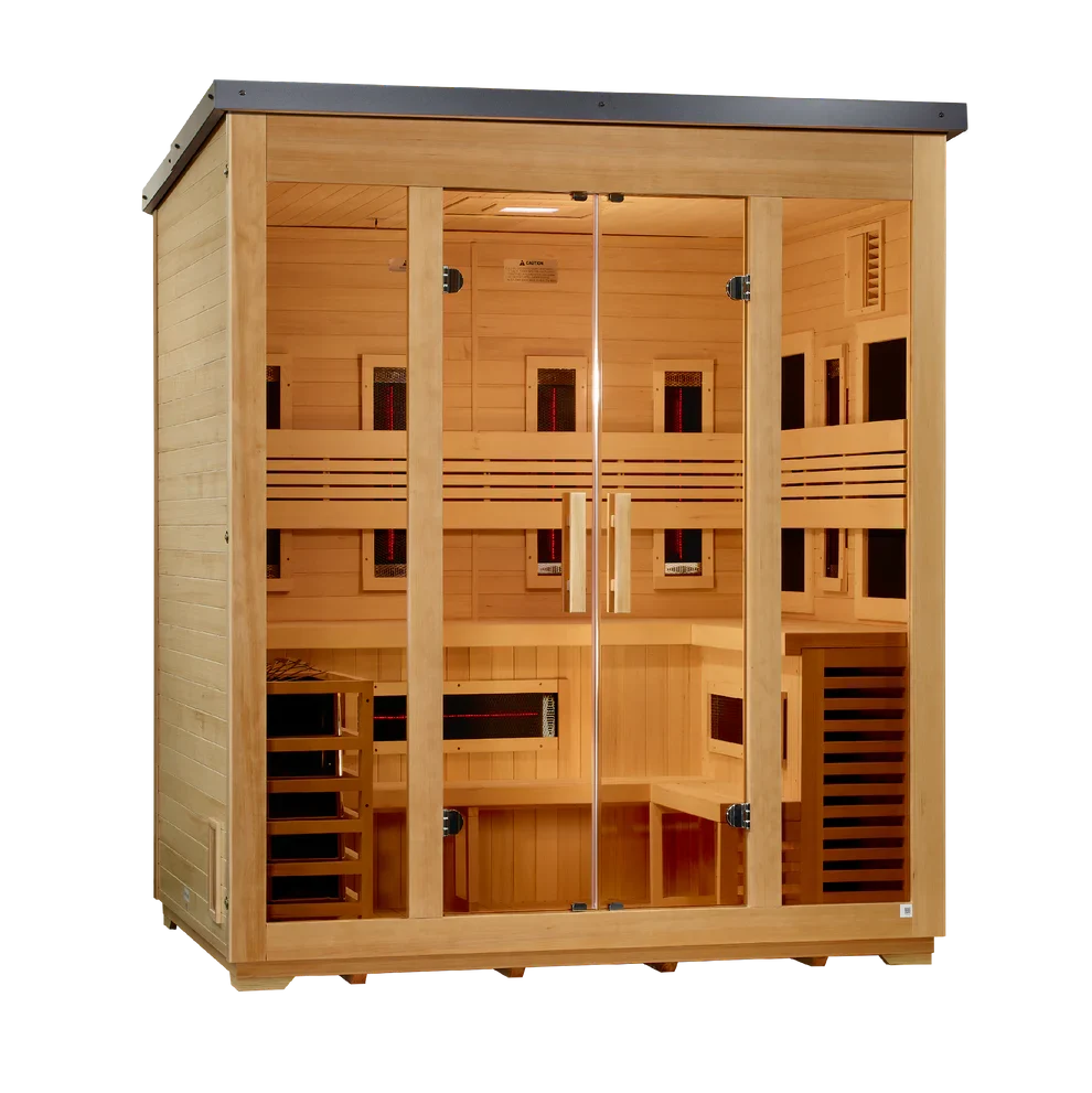 Golden Designs Gargellen 5-Person Hybrid Outdoor Sauna w/ Full Spectrum Infrared & Harvia Traditional Electric Heater Kit + Red Light Therapy | Flat Roof GDI‐8105‐01